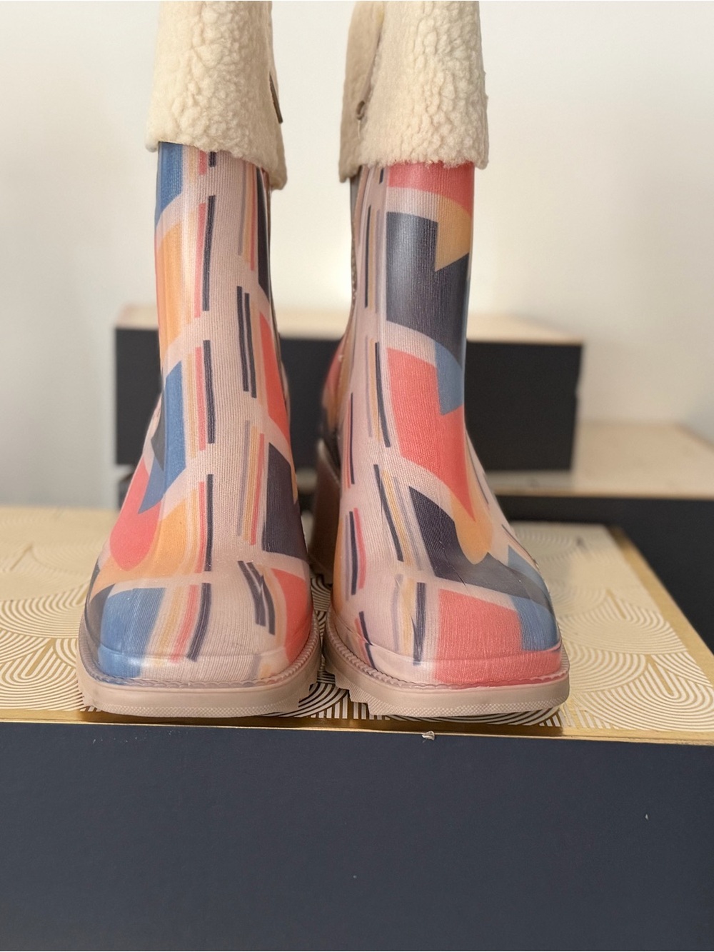 Cape Robbin Multicolor Abstract Pattern Winter Rain Boots with Cream Lining